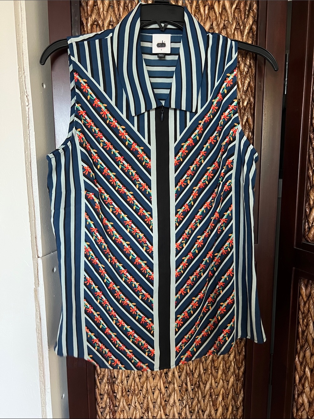 CAbi Navy, Light Blue & Red Striped Floral Zip-Front Sleeveless Top #6318